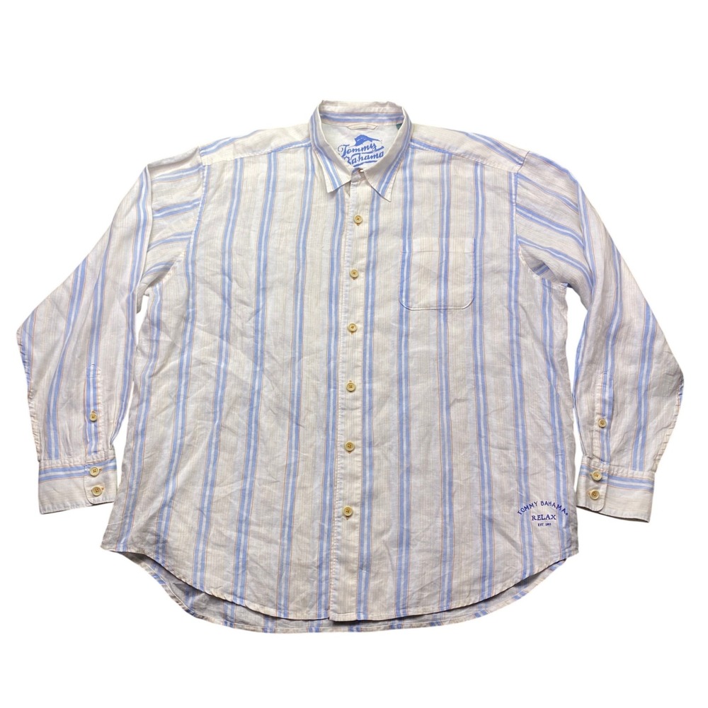 Tommy Bahama Relax Mens XXL Blue Orange Striped 100% Linen Long Sleeve Shirt